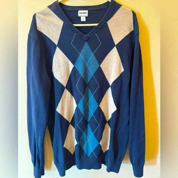 Old Navy’s men navy blue Argyle v-neck sweater size XLarge - Picture 1 of 7